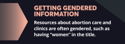 Graphic: Getting Gendered Information: Resources about abortion care and clinics are often gendered, such as having “women” in the title.